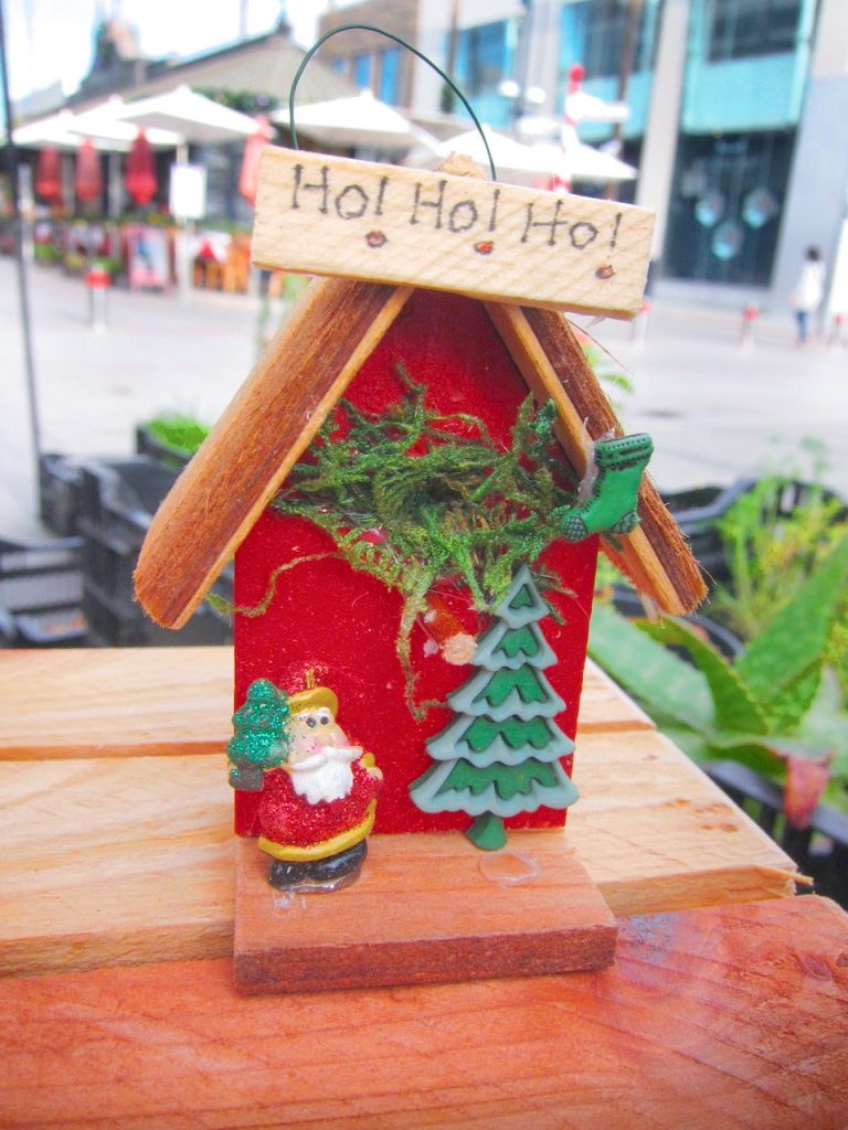 red Christmas bird house