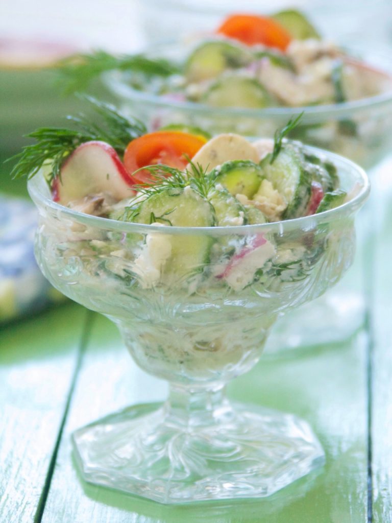 servings of Cucumber Salad With Mushrooms and Radishes