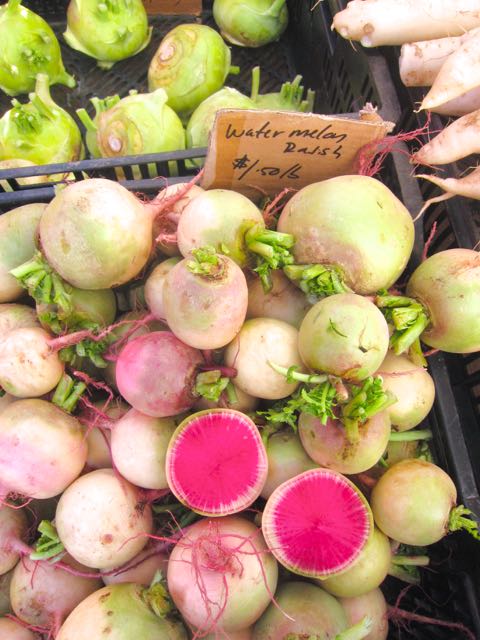 watermelon radishes at farmers market