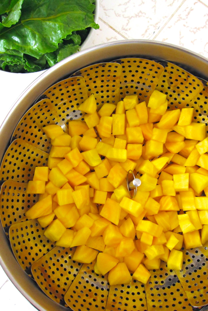 cut golden beets in steamer basket
