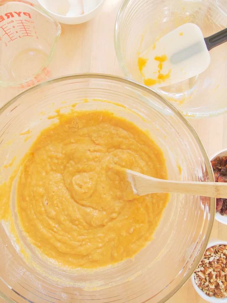 mixing ingredients of Pumpkin Bread With Dates and Pecans
