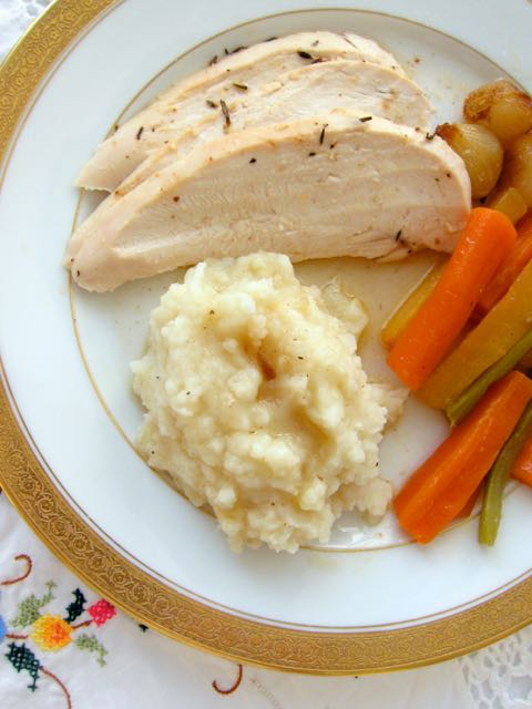 roast chicken with garlic mashed potatoes and celery root