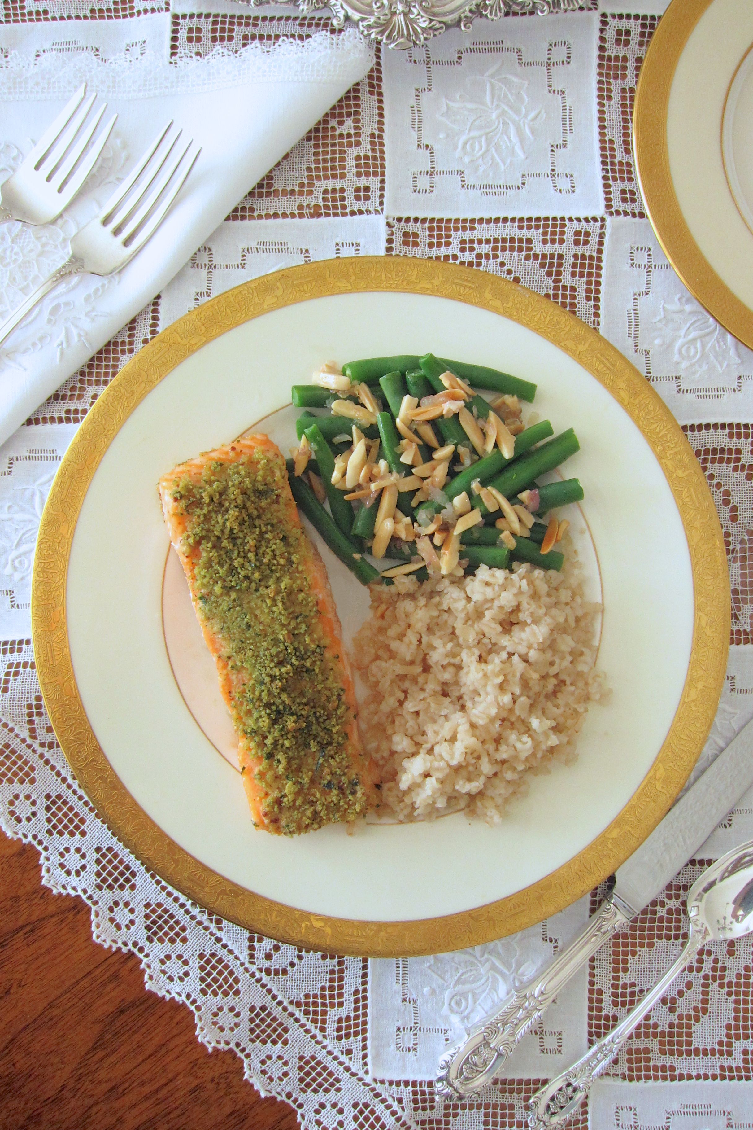 Herb Crusted Salmon, Brown Rice and Green Beans Almondine