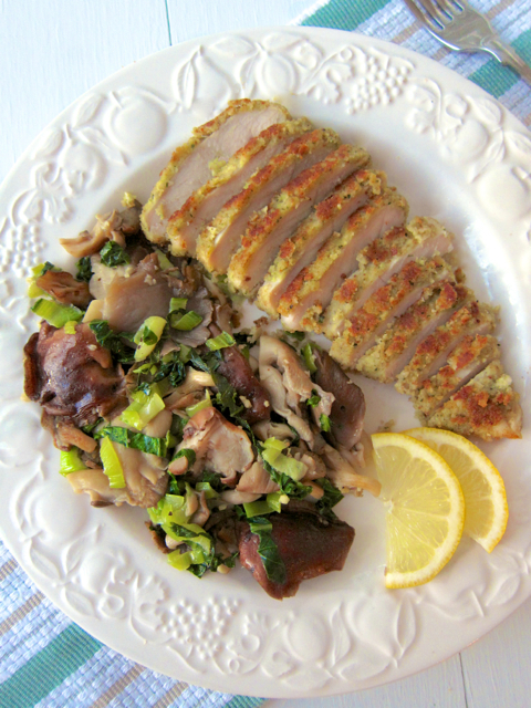 Macadamia Nut Crusted Chicken Breasts Sautéed Wild and Exotic Mushrooms and Bok Choy