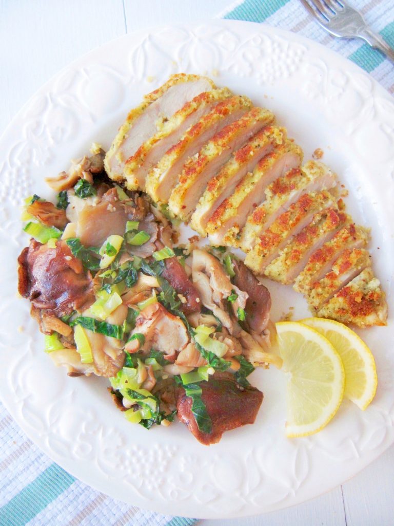 Macadamia Nut Crusted Chicken Breasts and Sautéed Wild and Exotic Mushrooms With Bok Choy