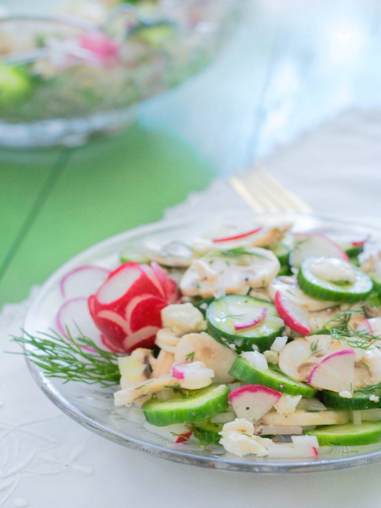 serving of Cucumber Salad With Mushrooms and Radishes