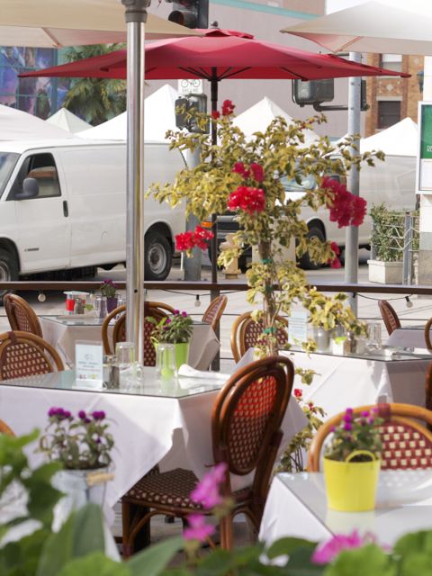 view of trucks through tables