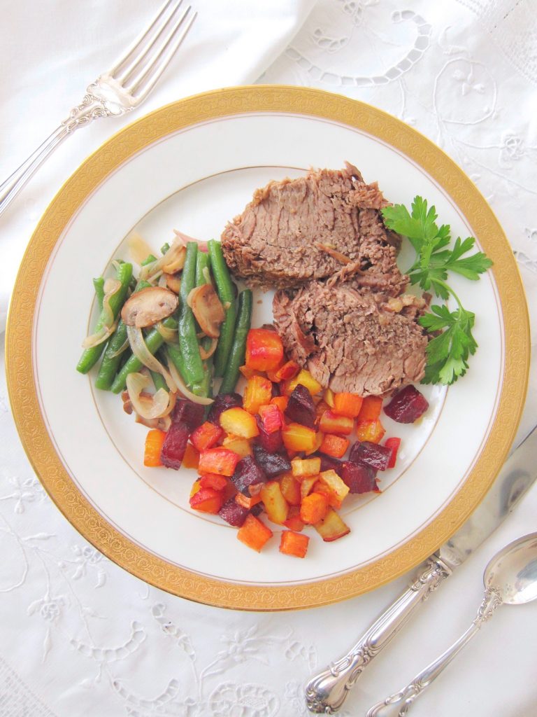 Roasted Beets and Sweet Potatoes with pot roast and green beans