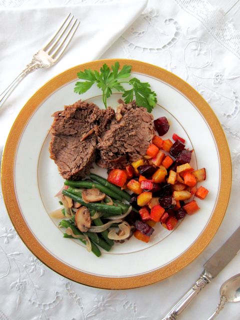 Pot Roast With Roasted Beets and Sweet Potatoes and Blanched Green Beans With Sautéed Shallots and Mushrooms