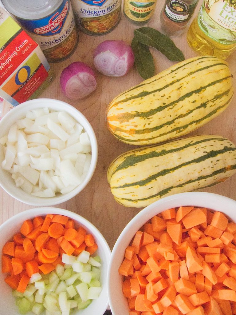 ingredients for delicata and sweet potato bisque