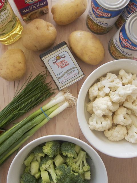 ingredients for broccoli and cauliflower bisque