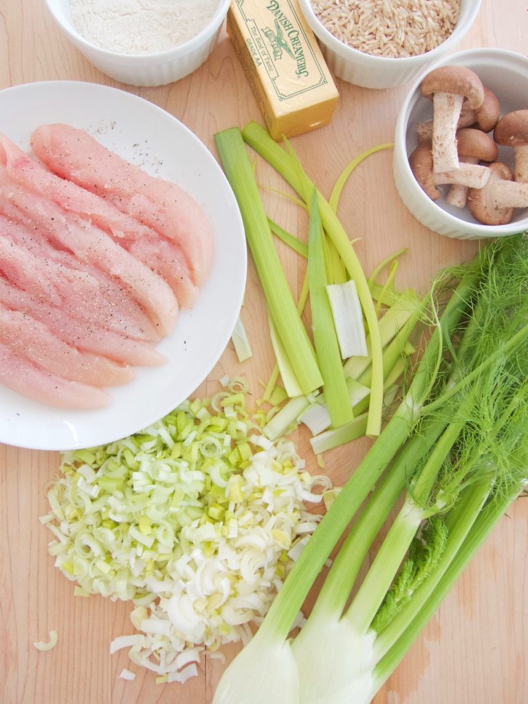 preparing Chicken Tenders With Fennel, Leeks, Broccoli and Mushrooms