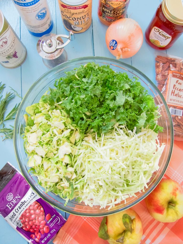 preparing Holiday Kale Salad With Creamy Rosemary Dressing