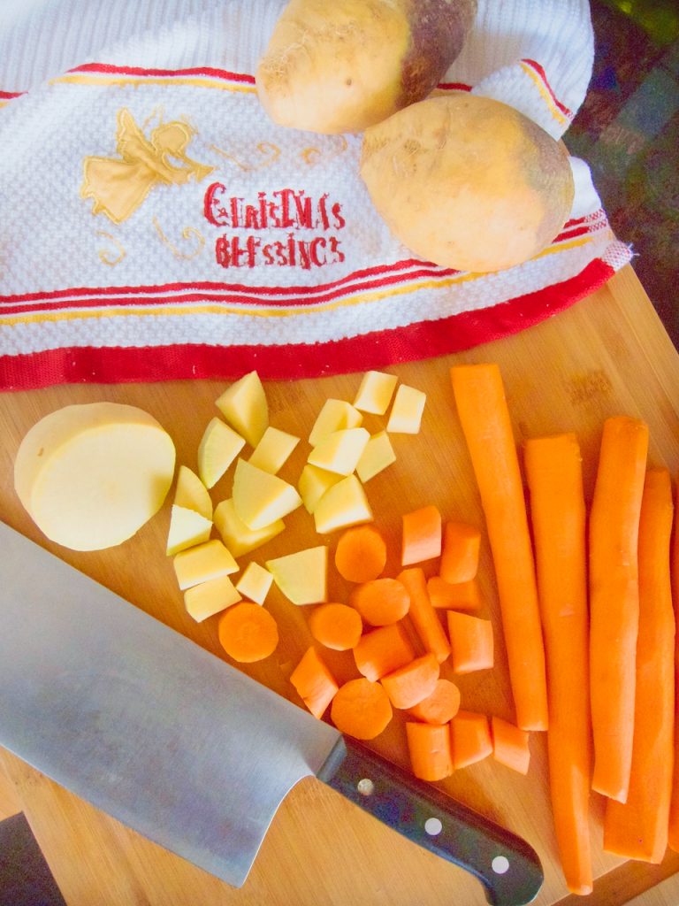 preparing carrots and rutabaga