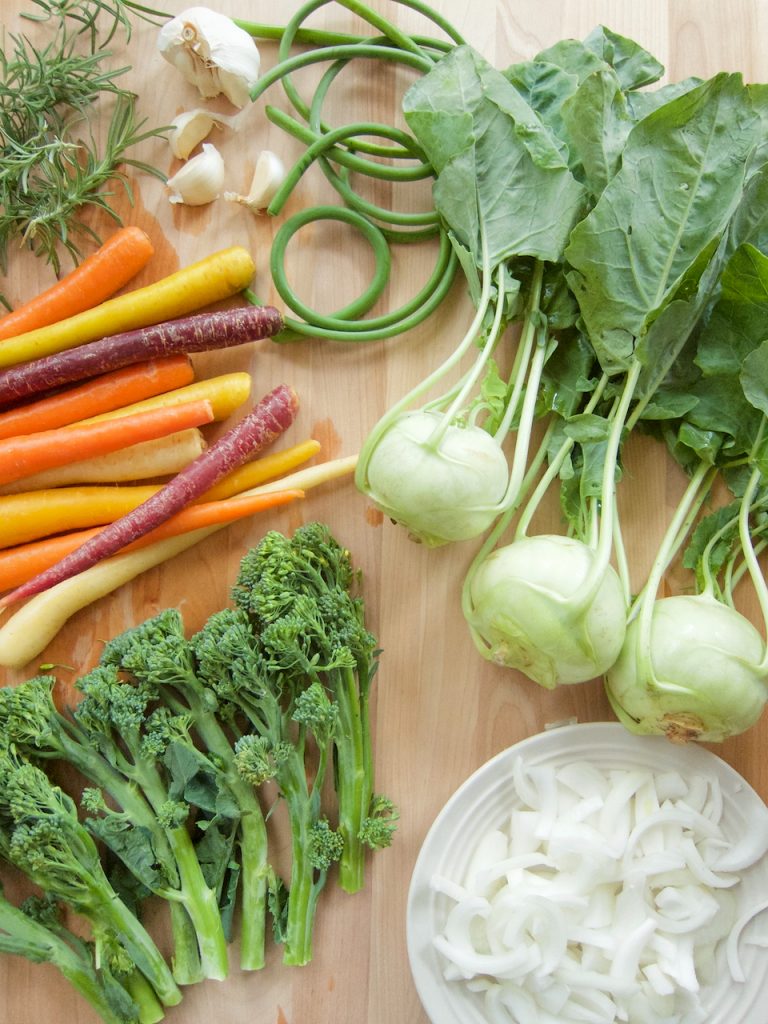 ingredients for Roasted Carrots, Kohlrabi and Baby Broccoli With Garlic Scapes