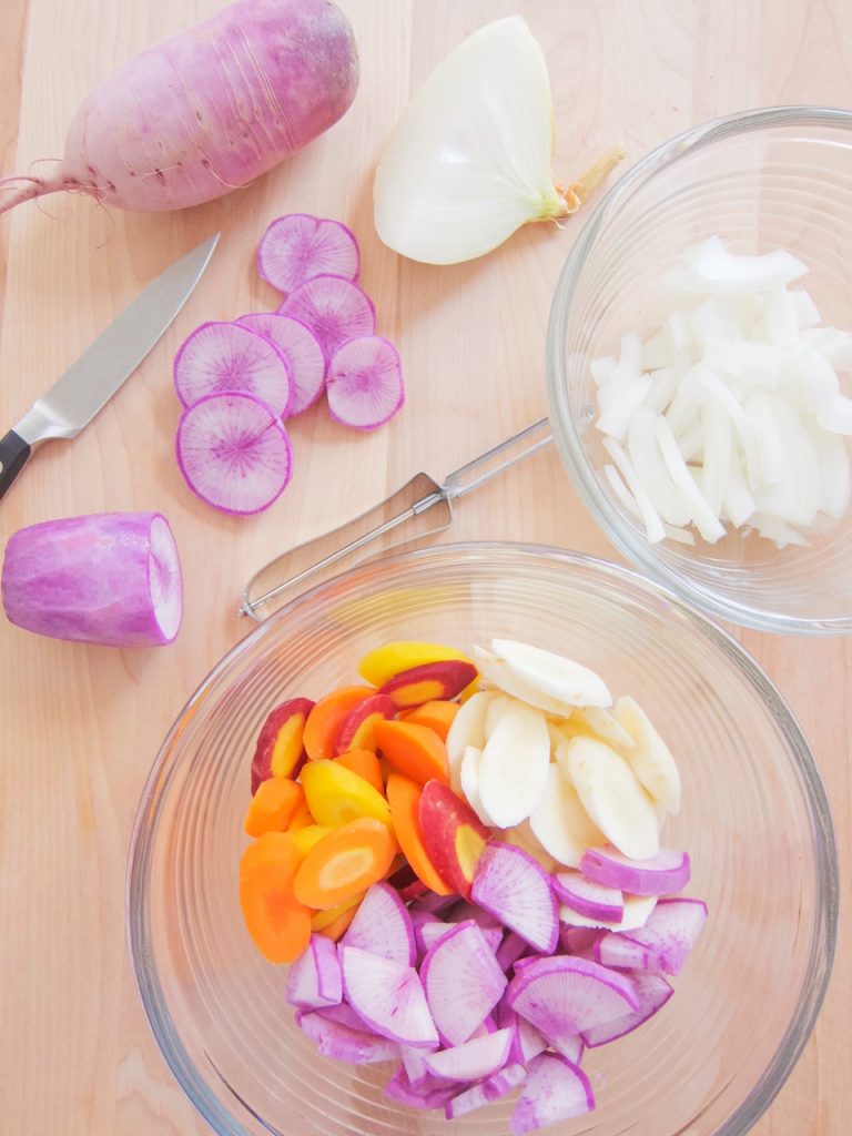 preparing Roasted Carrots, Parsnips and Radishes