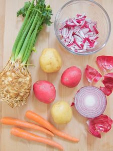 ingredients for Roasted Potatoes, Celery Root, Carrots and Peas