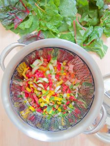 swiss chard stems in steamer basket