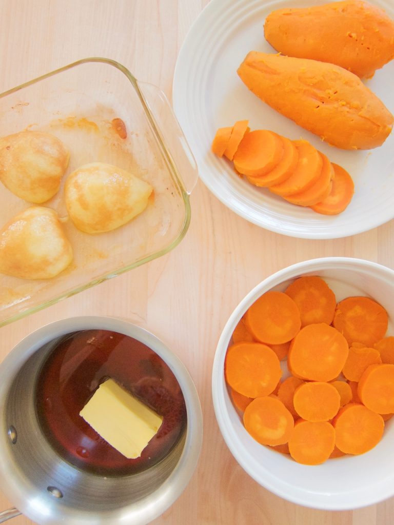 components of sweet potatoes with roasted pear sauce