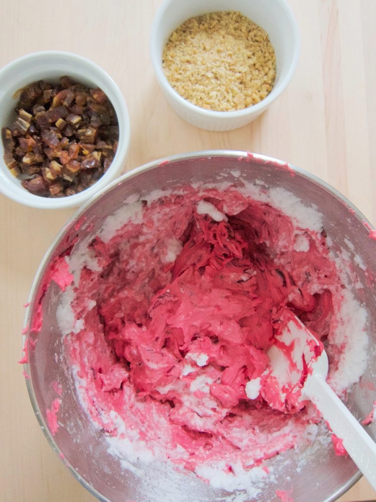 preparing Beet and White Carrot Cupcakes