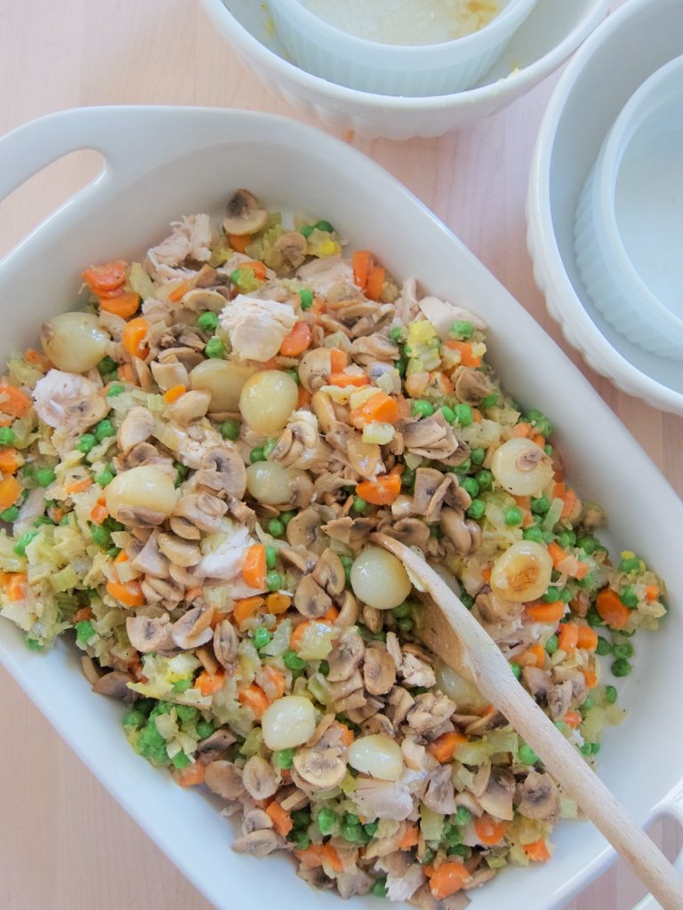 preparing chicken pot pie filling