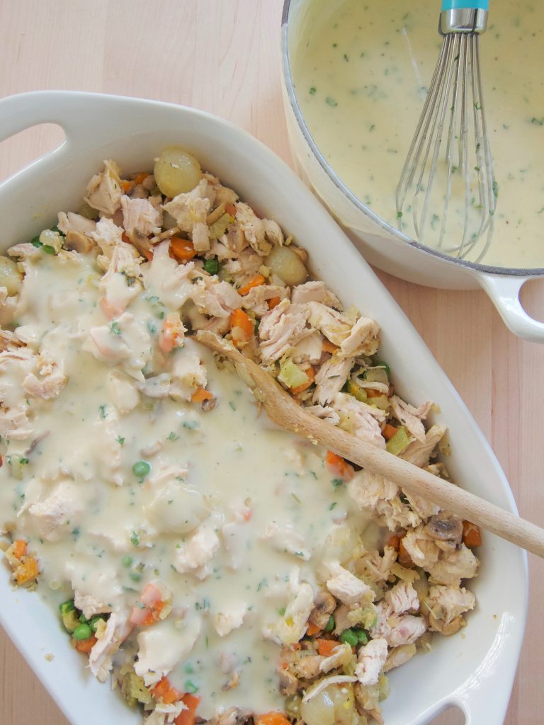 preparing chicken pot pie filling