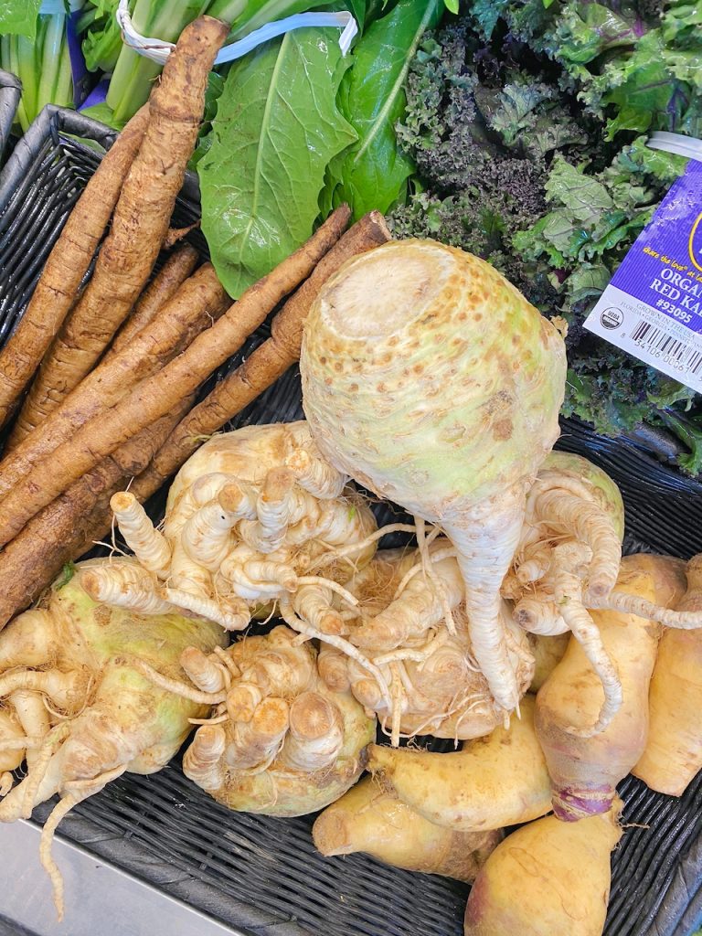 celery root in a basket at store