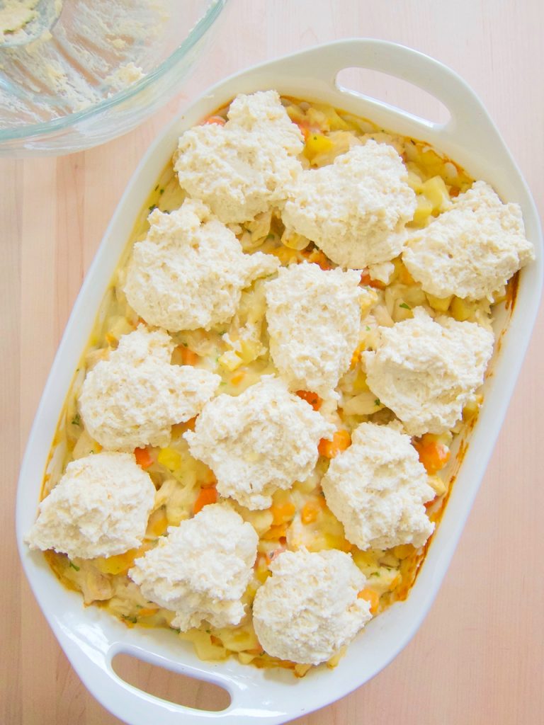 uncooked Chicken and Root Vegetable Casserole With Biscuit Topping