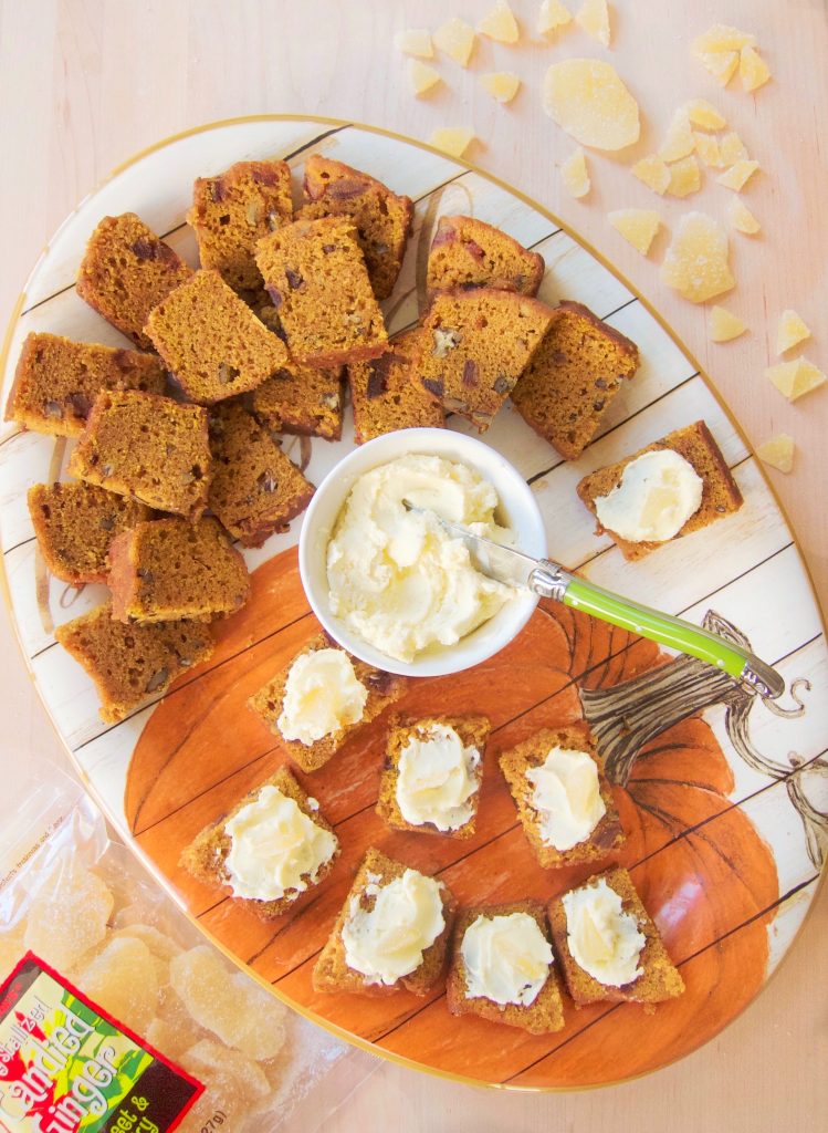 pumpkin bread with homemade cream cheese and ginger