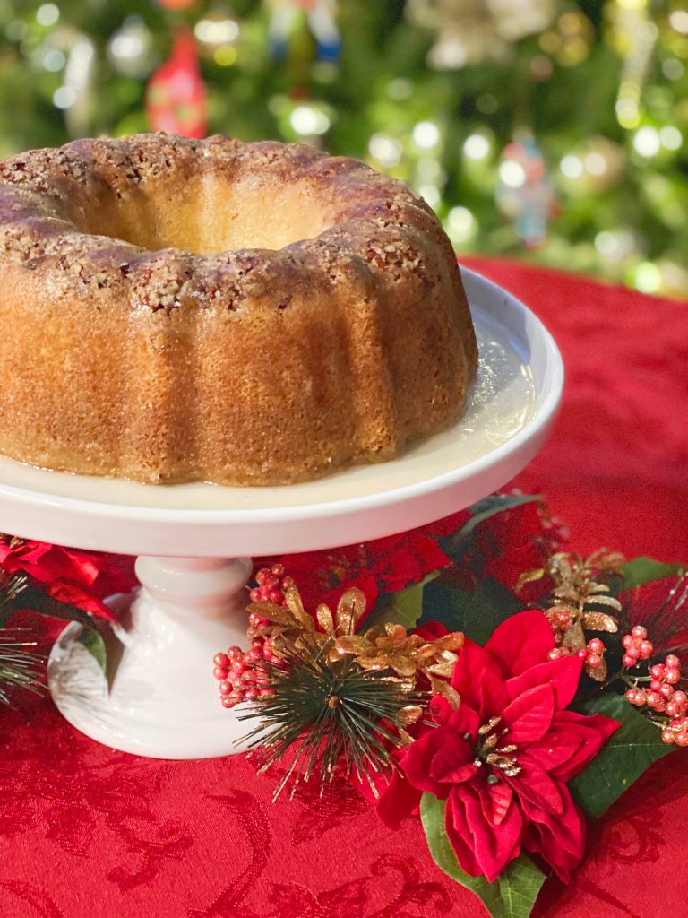 Christmas Butter Rum Cake on cake stand