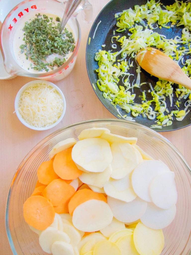 Scalloped Root Vegetables and Leeks Gratin