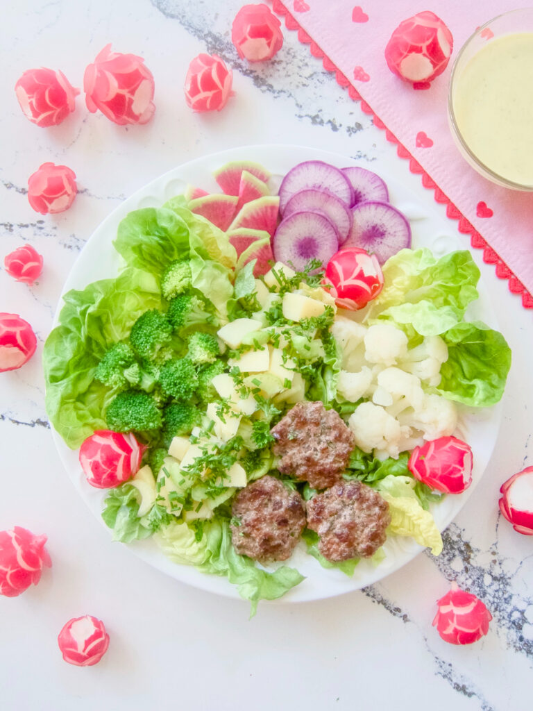 Veggie and Potato Salad With Herbed Vinaigrette and Mini Burgers
